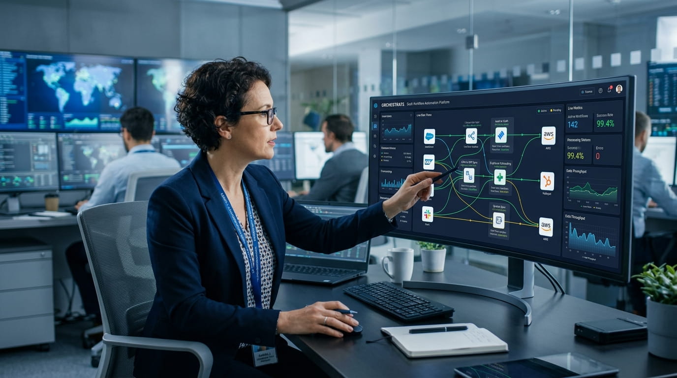 Enterprise technology manager reviewing multi-system SaaS workflow automation dashboard with live data flows and orchestration nodes on a widescreen monitor in a modern corporate operations center