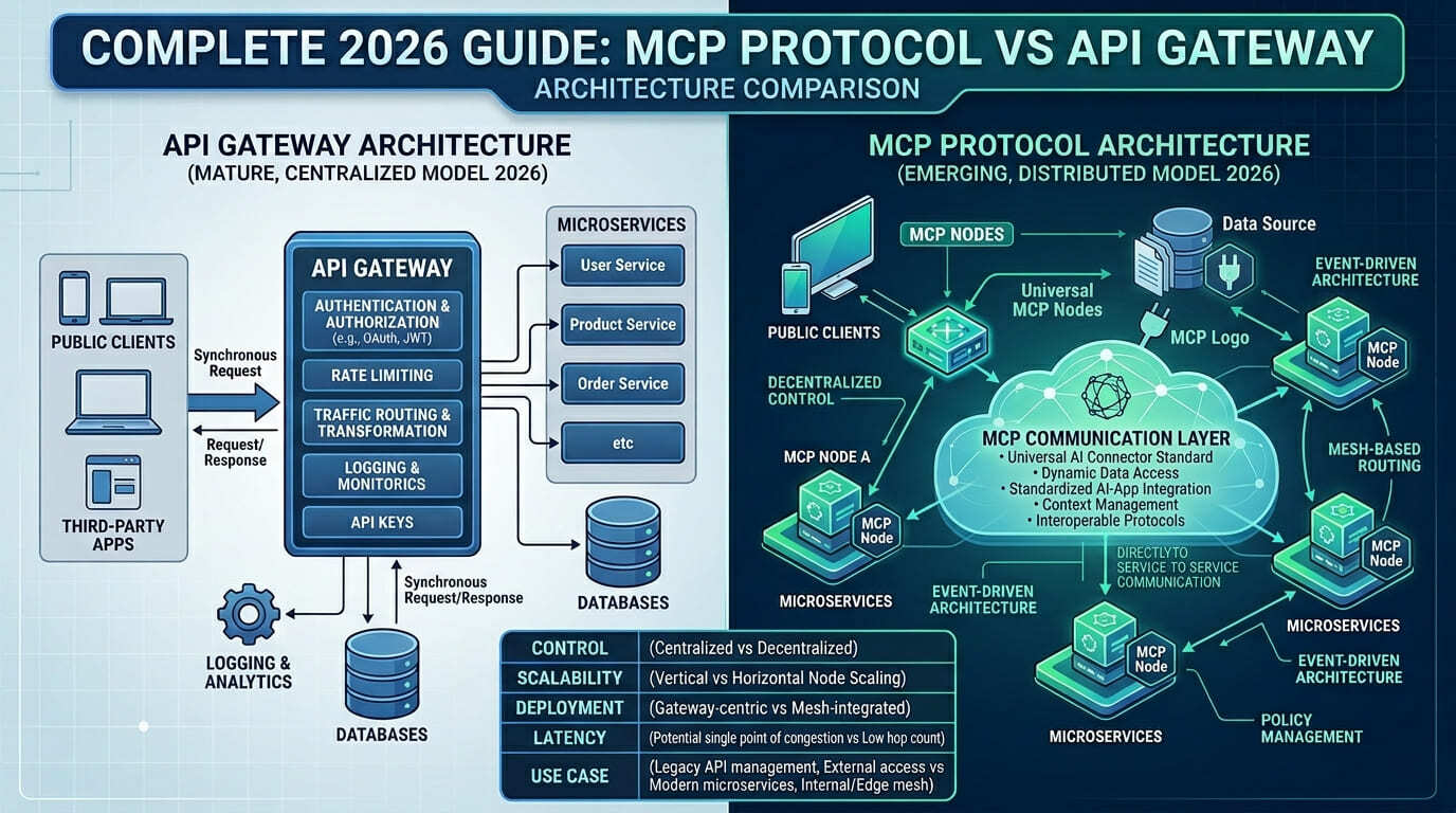 : MCP Protocol vs API Gateway Complete 2026 Guide showing side-by-side architecture diagram with stateless HTTP REST on left and stateful MCP agent session on right for enterprise comparison
