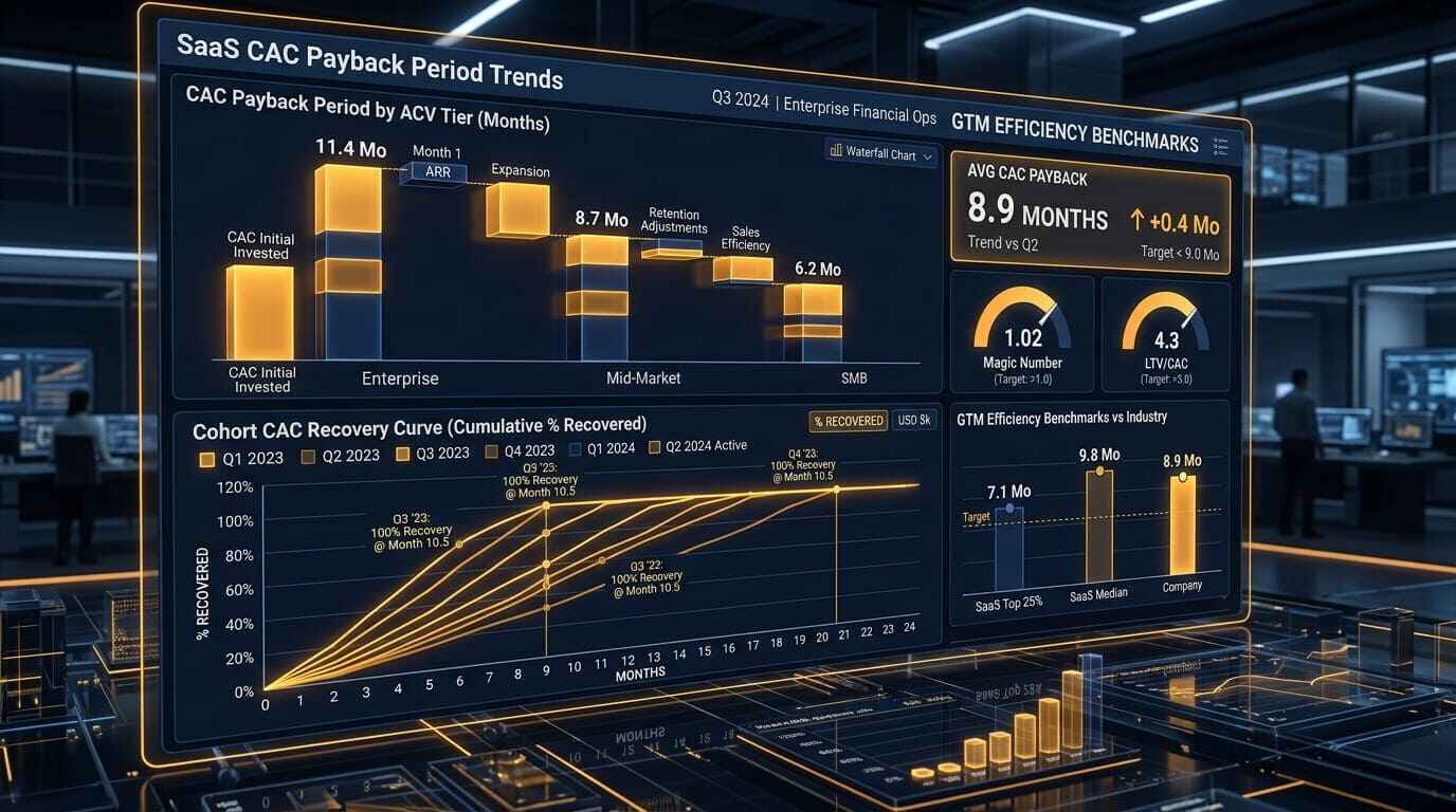 SaaS CAC payback period 2026 benchmark dashboard showing payback by ACV tier GTM motion and growth rate with cohort recovery curves for B2B SaaS founders and CFOs