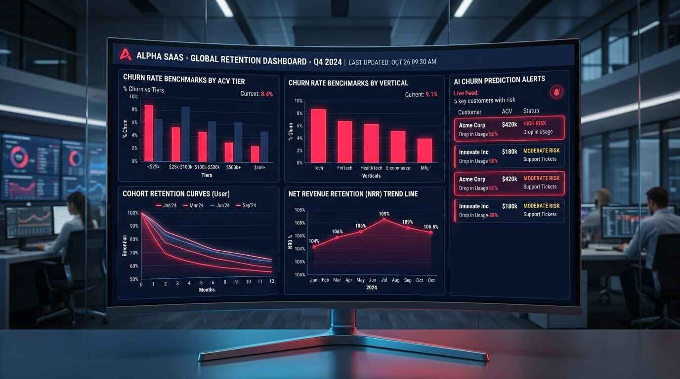SaaS churn rate 2026 benchmark dashboard by ACV tier and vertical for B2B SaaS founders
