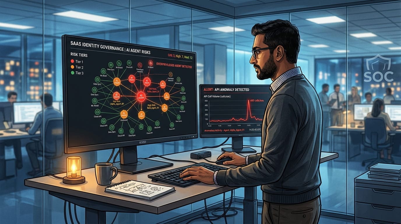 Enterprise security architect reviewing AI agent identity security for enterprise SaaS on a dark-mode governance dashboard showing non-human identity risk tiers and behavioral anomaly alerts