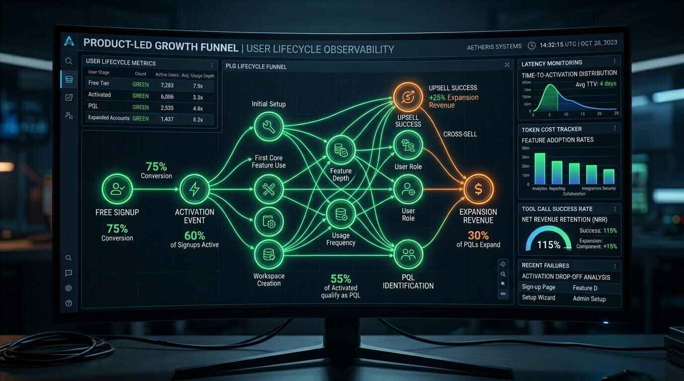 Product-led growth 2026 funnel dashboard showing B2B SaaS activation events PQL identification freemium conversion rates and NRR expansion metrics
