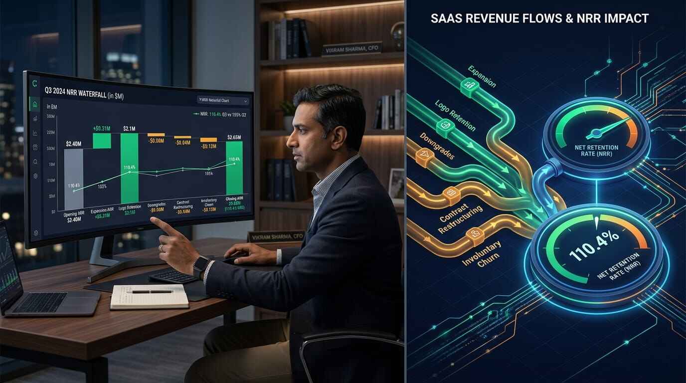 SaaS net revenue retention dashboard showing NRR waterfall chart by segment, expansion ARR flows, and 2026 benchmark comparisons for enterprise, mid-market, and SMB SaaS companies