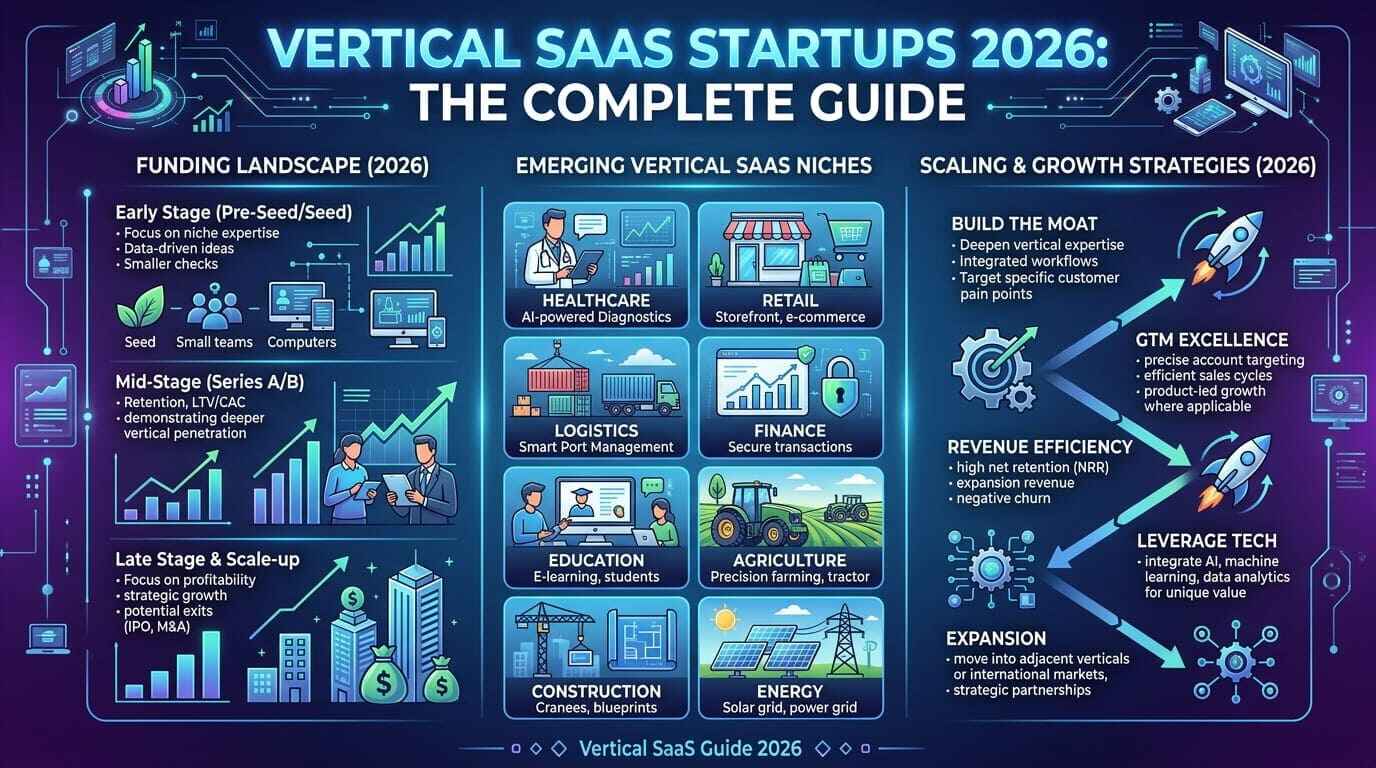 Vertical SaaS startups 2026 — industry-specific platforms for construction, healthcare, legal, and logistics connected by AI data pipelines