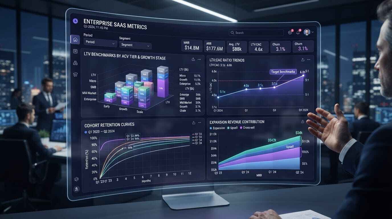 SaaS LTV 2026 benchmark dashboard showing customer lifetime value by ACV tier LTV CAC ratio targets and expansion revenue for B2B SaaS founders