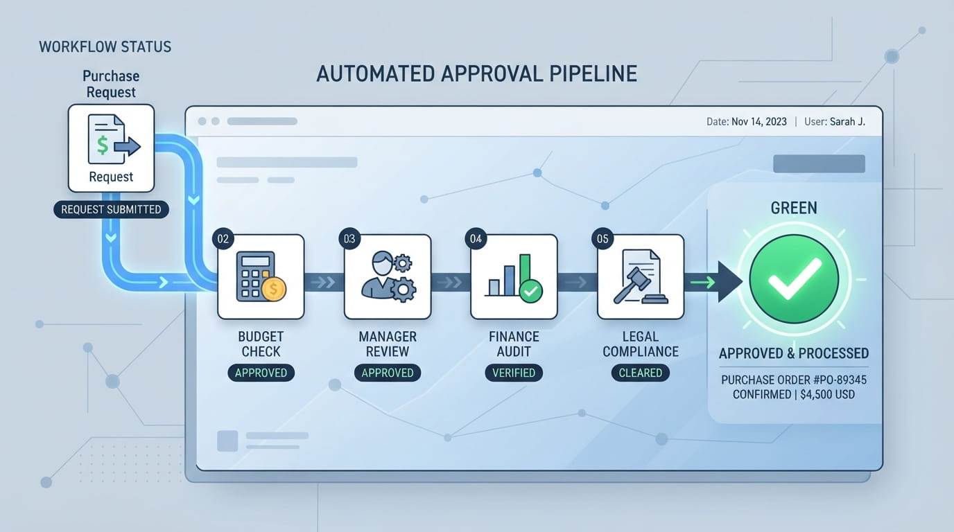 Diagram showing SaaS procurement automation routing a software purchase request through automated approval checkpoints