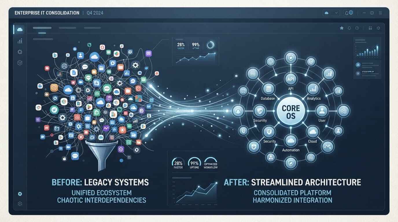 Diagram illustrating SaaS vendor consolidation reducing a sprawling enterprise application stack into fewer, integrated platforms