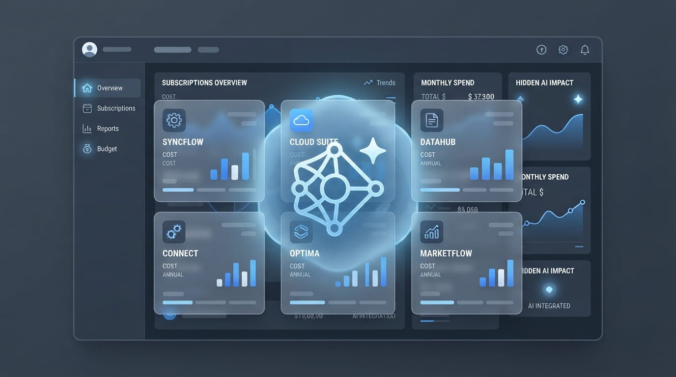 Illustration of hidden shadow AI spend embedded inside enterprise SaaS subscriptions